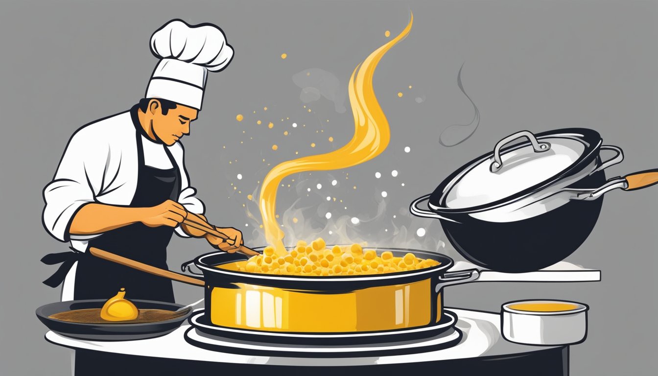 A chef carefully adds fresh honey and mustard to a charred saucepan, stirring vigorously to improve the flavor after burning