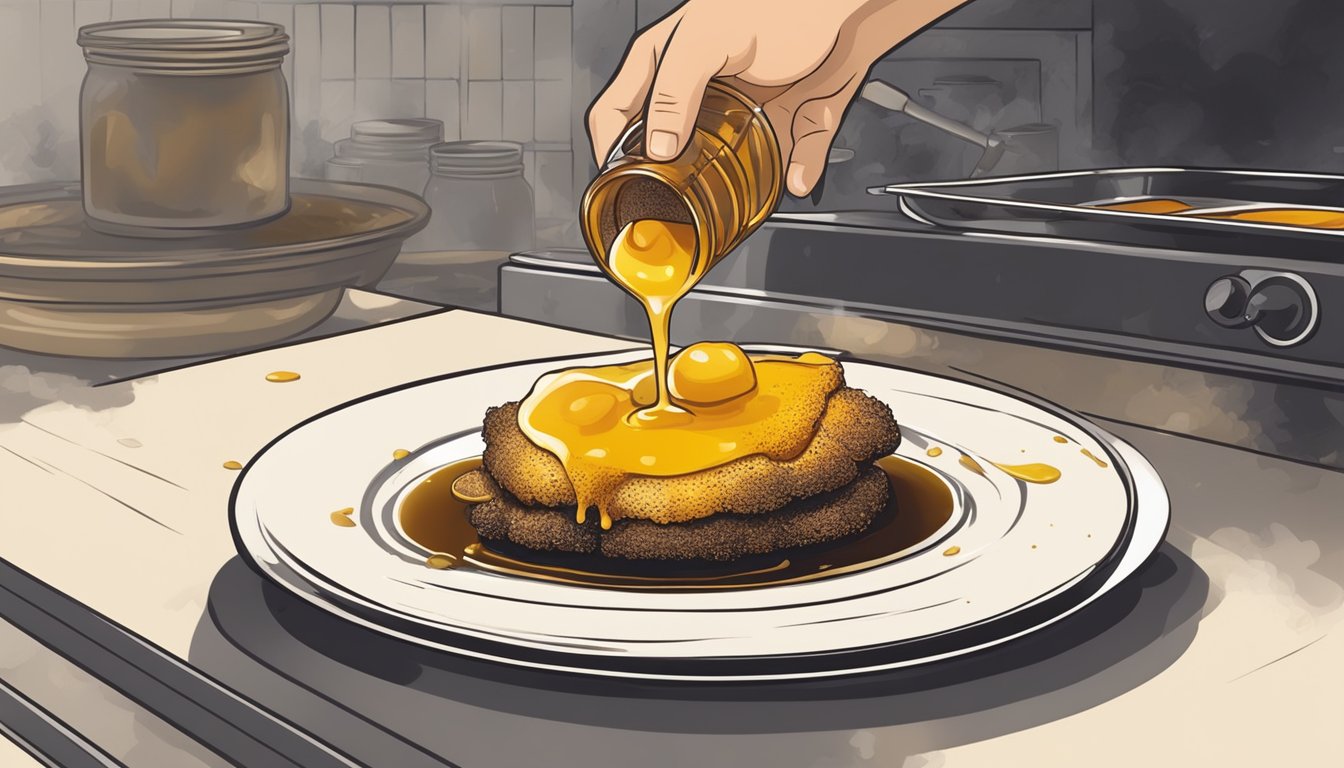 A chef's hand pours fresh honey mustard over a charred dish, salvaging the burnt sauce with a new layer of golden sweetness