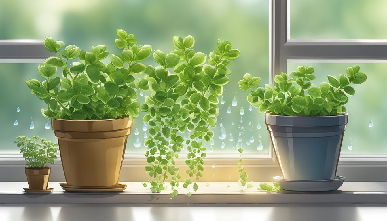 Fresh water droplets revive limp marjoram plant on a sunny windowsill