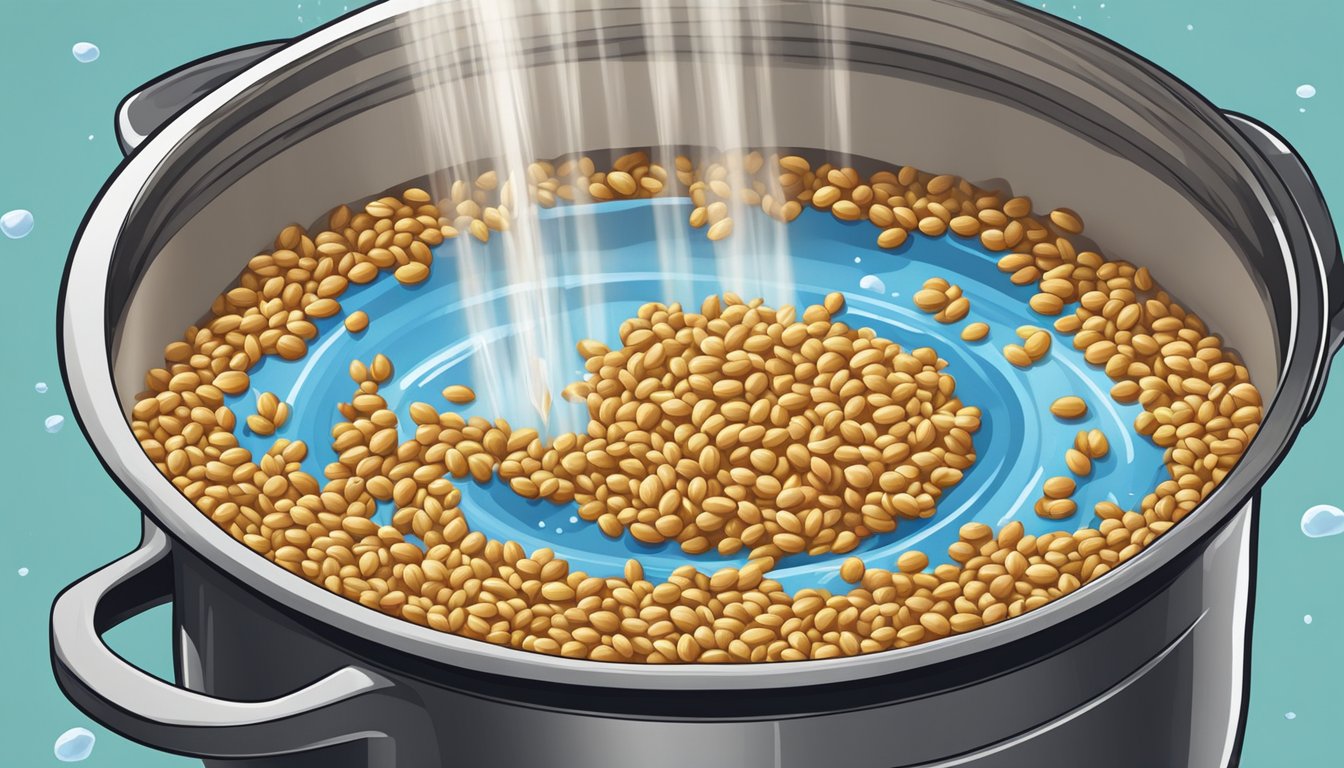 A pot of overcooked wheat berries being strained and rinsed under running water