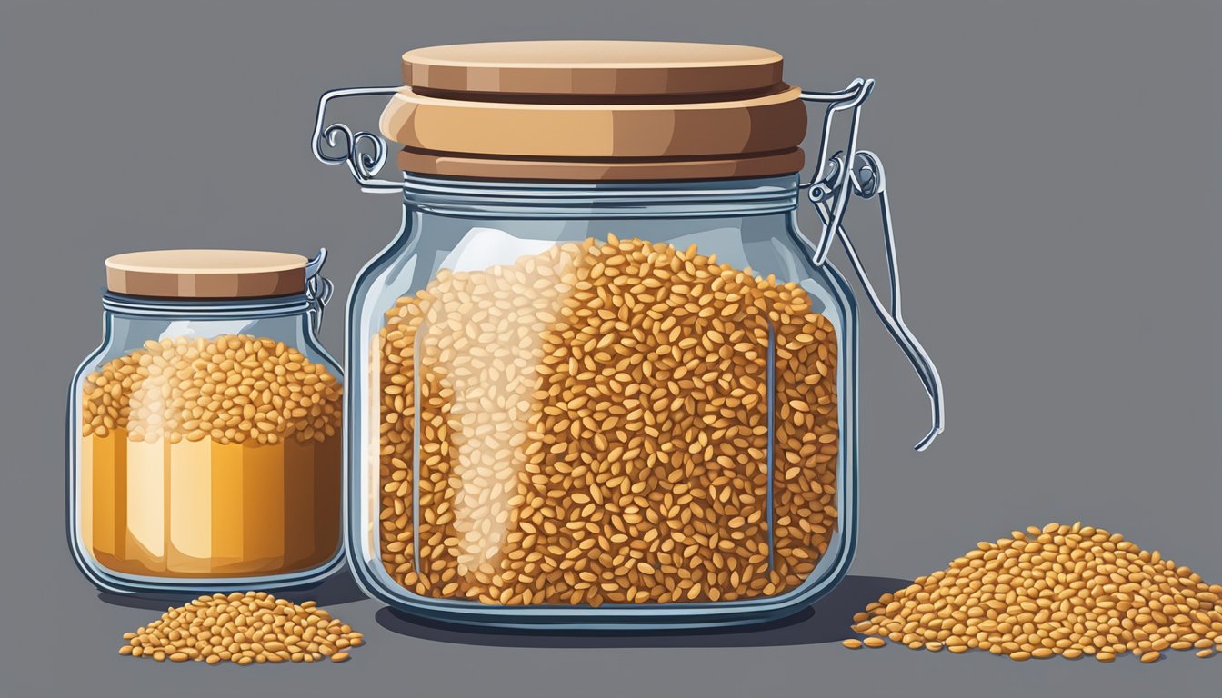 A glass jar filled with wheat berries next to a pot of overcooked wheat berries