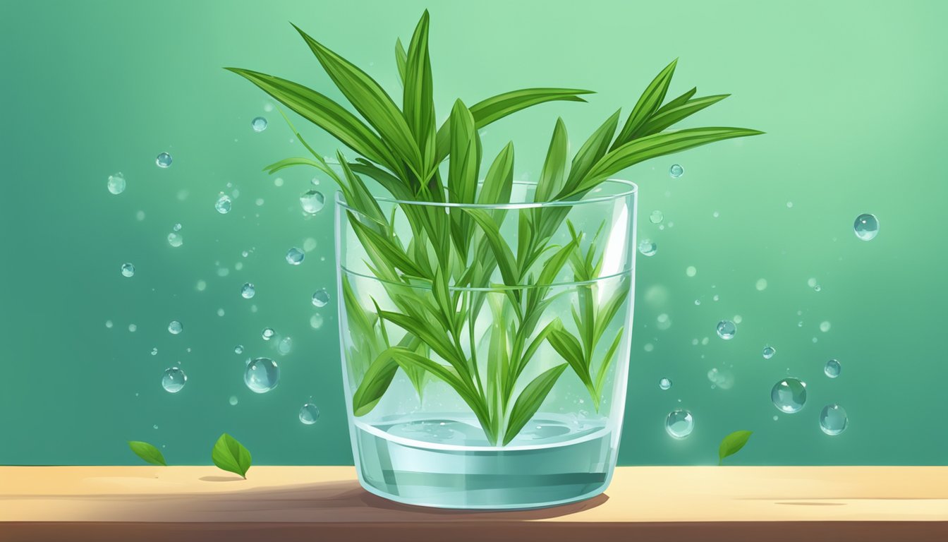 Fresh tarragon sprigs soaking in a glass of water, surrounded by vibrant green leaves and a few droplets of water