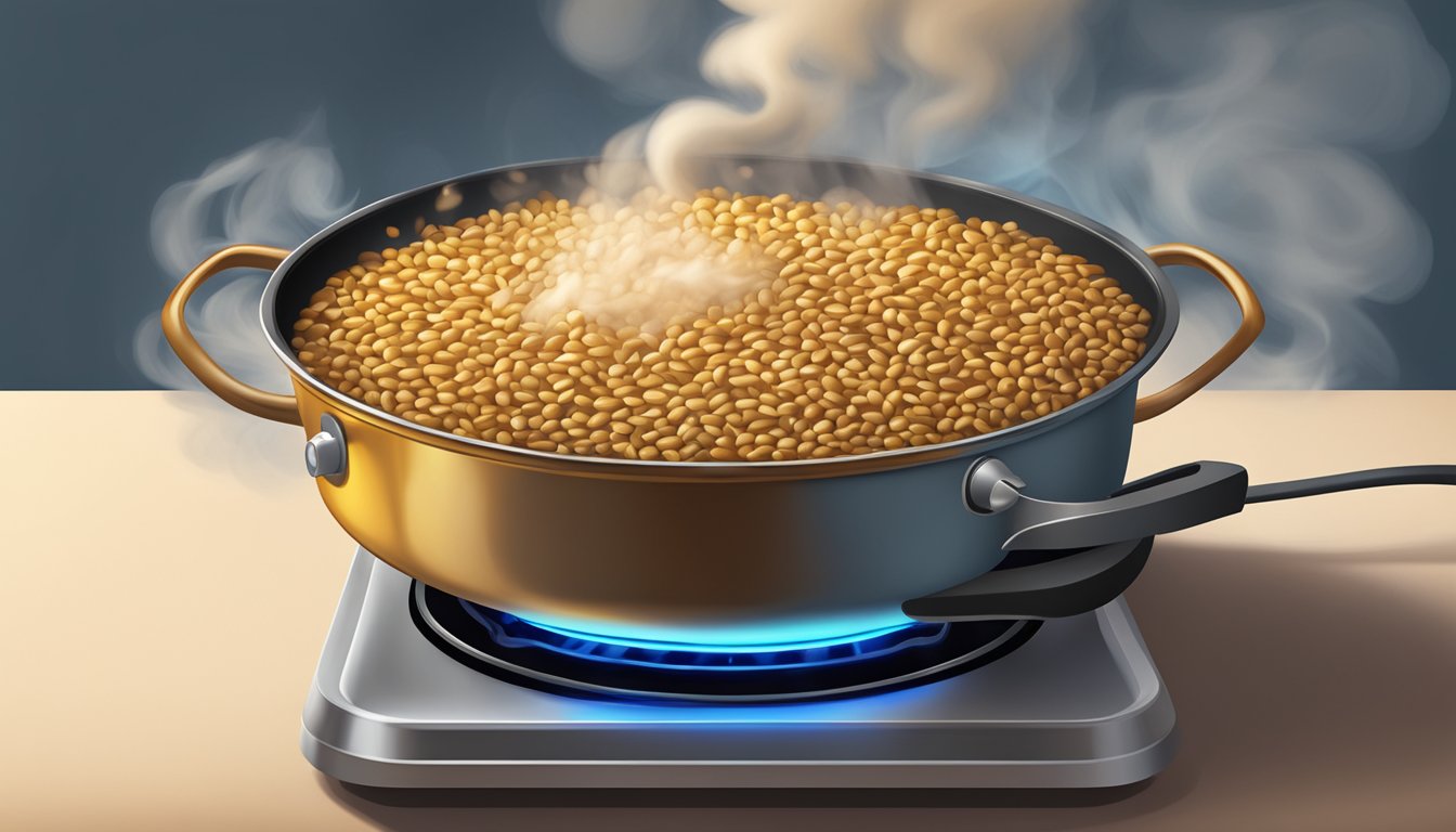 A pot of overcooked wheat berries spilling onto a stovetop, emitting smoke and causing a potential fire hazard