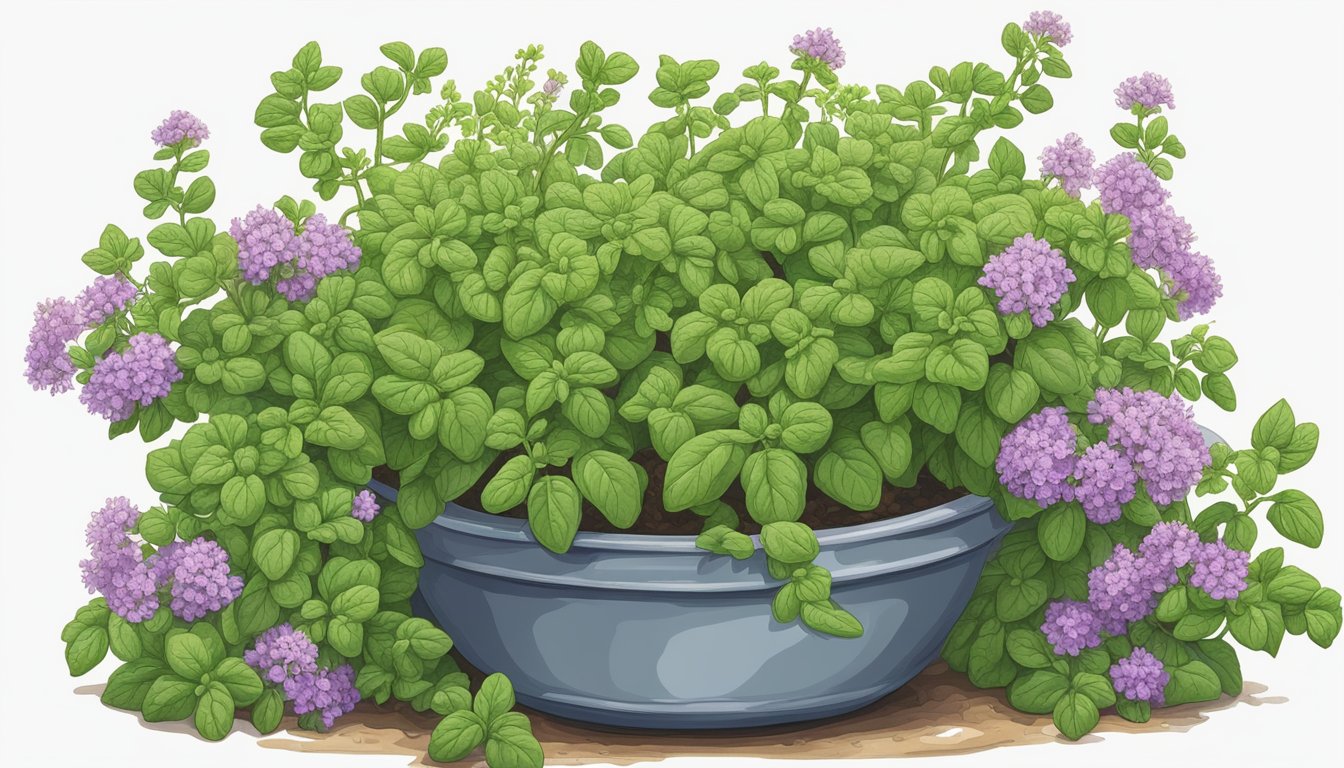 A wilted marjoram plant being gently pruned and watered, surrounded by vibrant greenery and blooming flowers