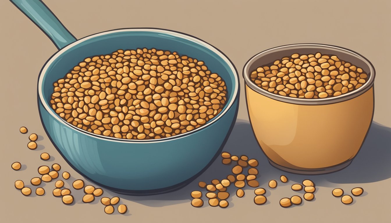 A bowl of plump, perfectly cooked wheat berries sits next to a pot of overcooked, mushy wheat berries, emphasizing the importance of proper cooking techniques