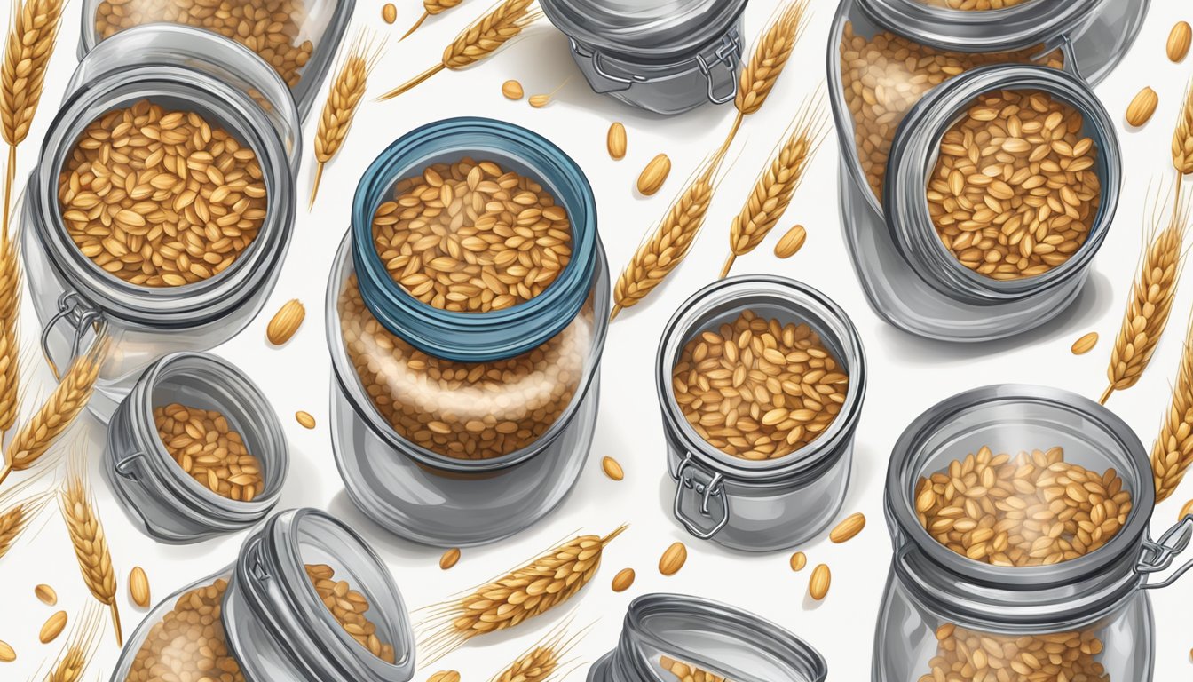 A glass jar filled with overcooked wheat berries being sealed with a lid, ready for long-term storage