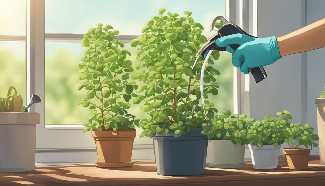 Fresh marjoram plant being gently watered and placed in a sunny spot. A pair of gardening gloves and pruning shears are nearby