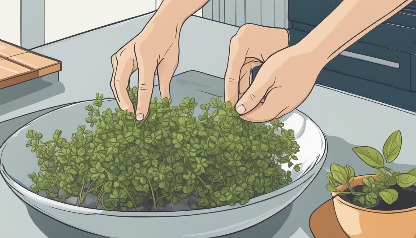 A hand reaching for a limp marjoram plant on a kitchen counter, next to a bowl of water and a pair of scissors