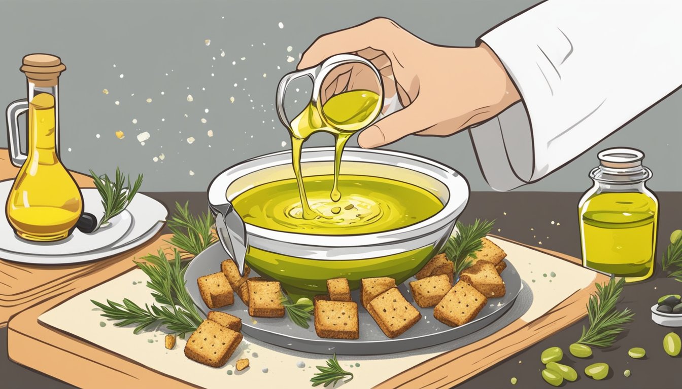 A hand pouring olive oil over a bowl of stale croutons, with a sprinkle of salt and herbs