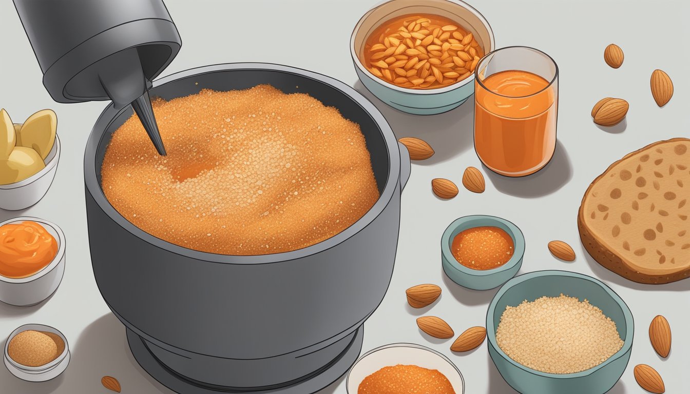 A blender with a watery romesco sauce being thickened with almonds and bread crumbs