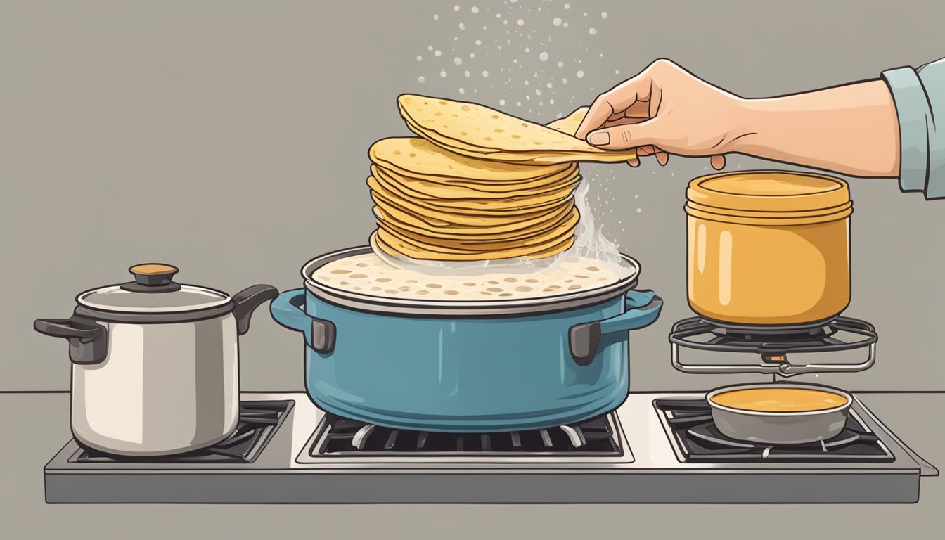 A hand reaching for a stack of stale tortillas, a steaming pot of water on the stove, and a tortilla being dipped into the water