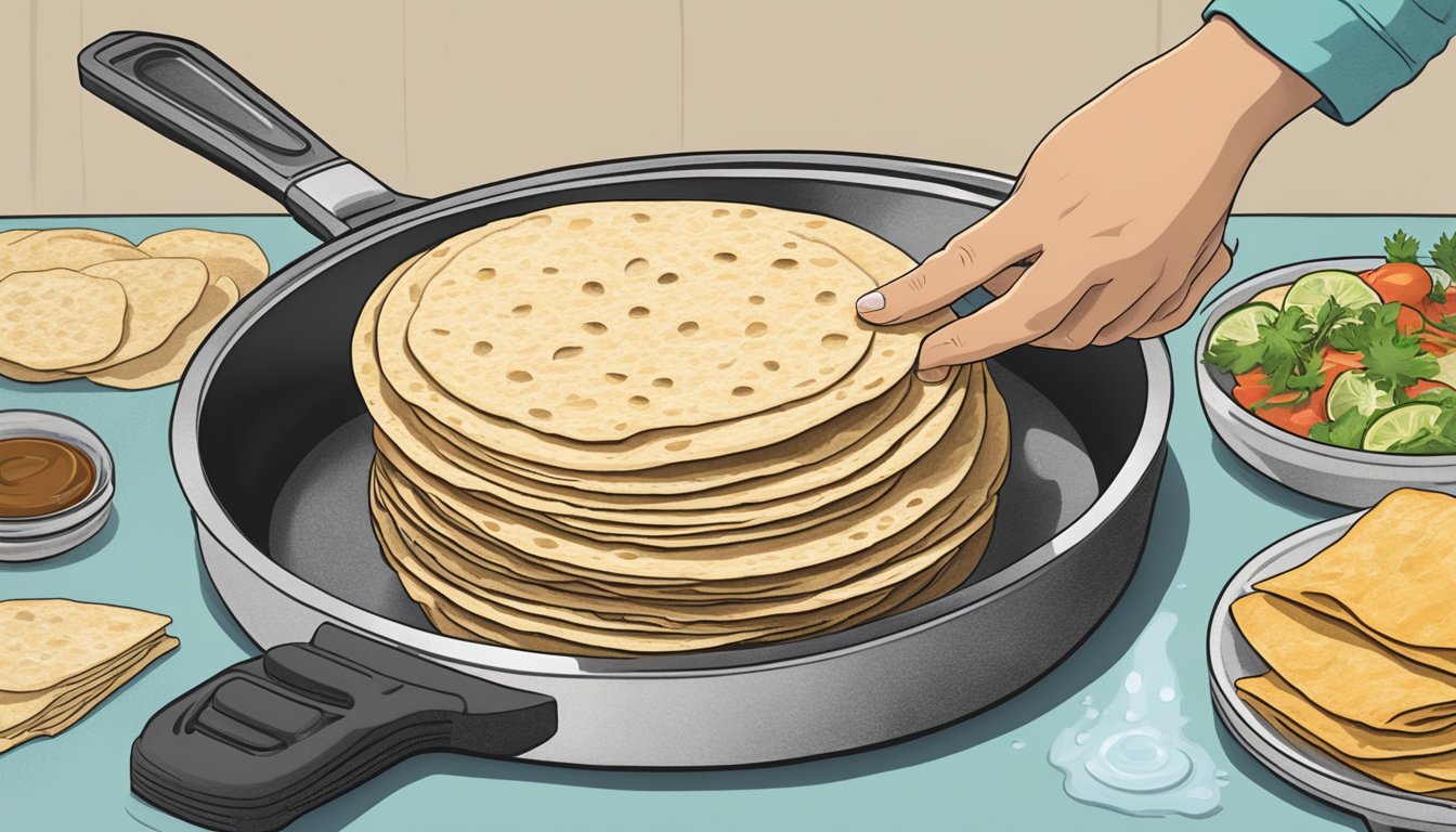 A hand reaching for a stack of stale tortillas, a bowl of water, and a hot skillet on a stovetop