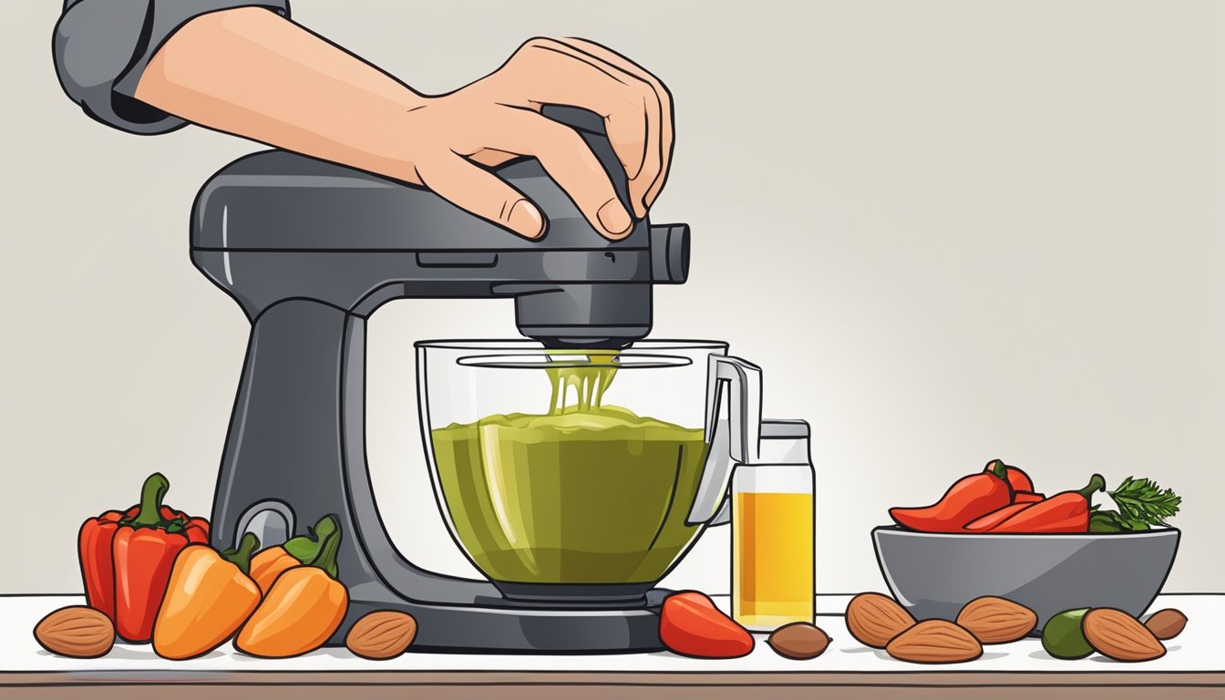 A chef pouring olive oil into a blender with roasted red peppers, almonds, and garlic to fix a watery romesco sauce