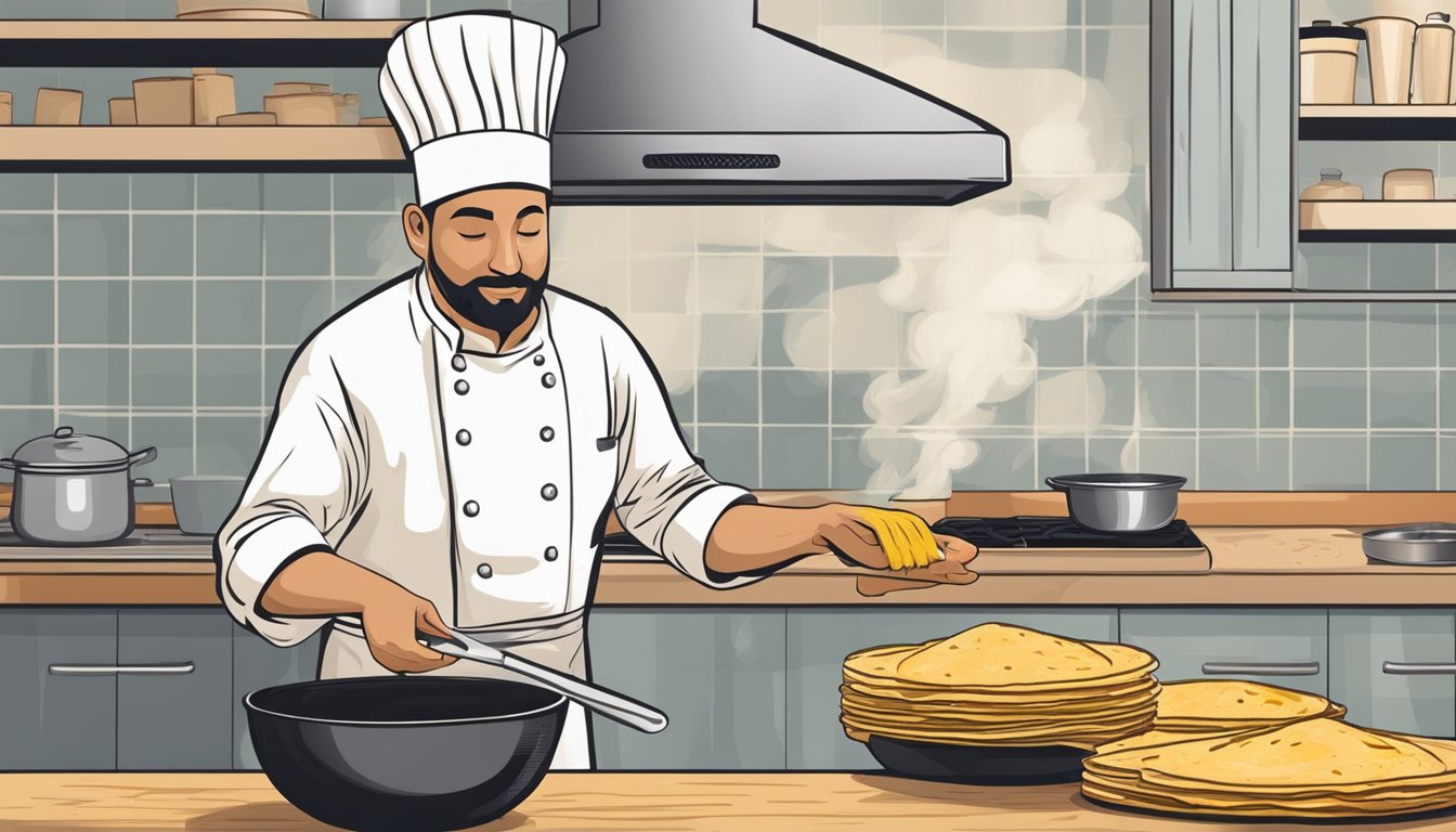 A chef using a brush to coat stale tortillas with oil before crisping them in a skillet