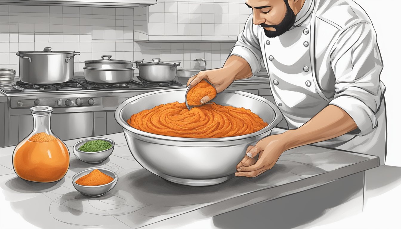 A chef adjusting ingredients in a bowl of watery romesco sauce