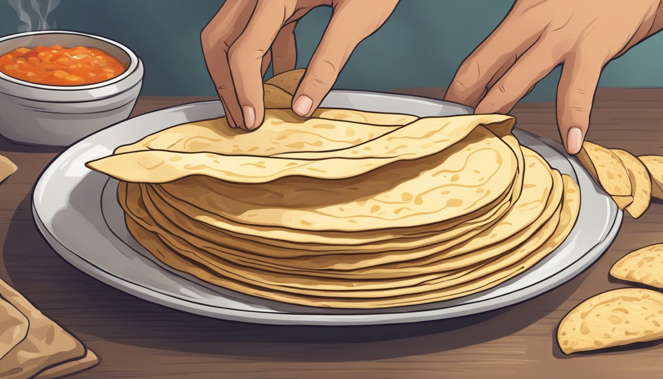 A hand reaches for a plate of freshly revived tortillas, steam rising from the warm, pliable rounds. A jar of salsa sits nearby, ready for dipping