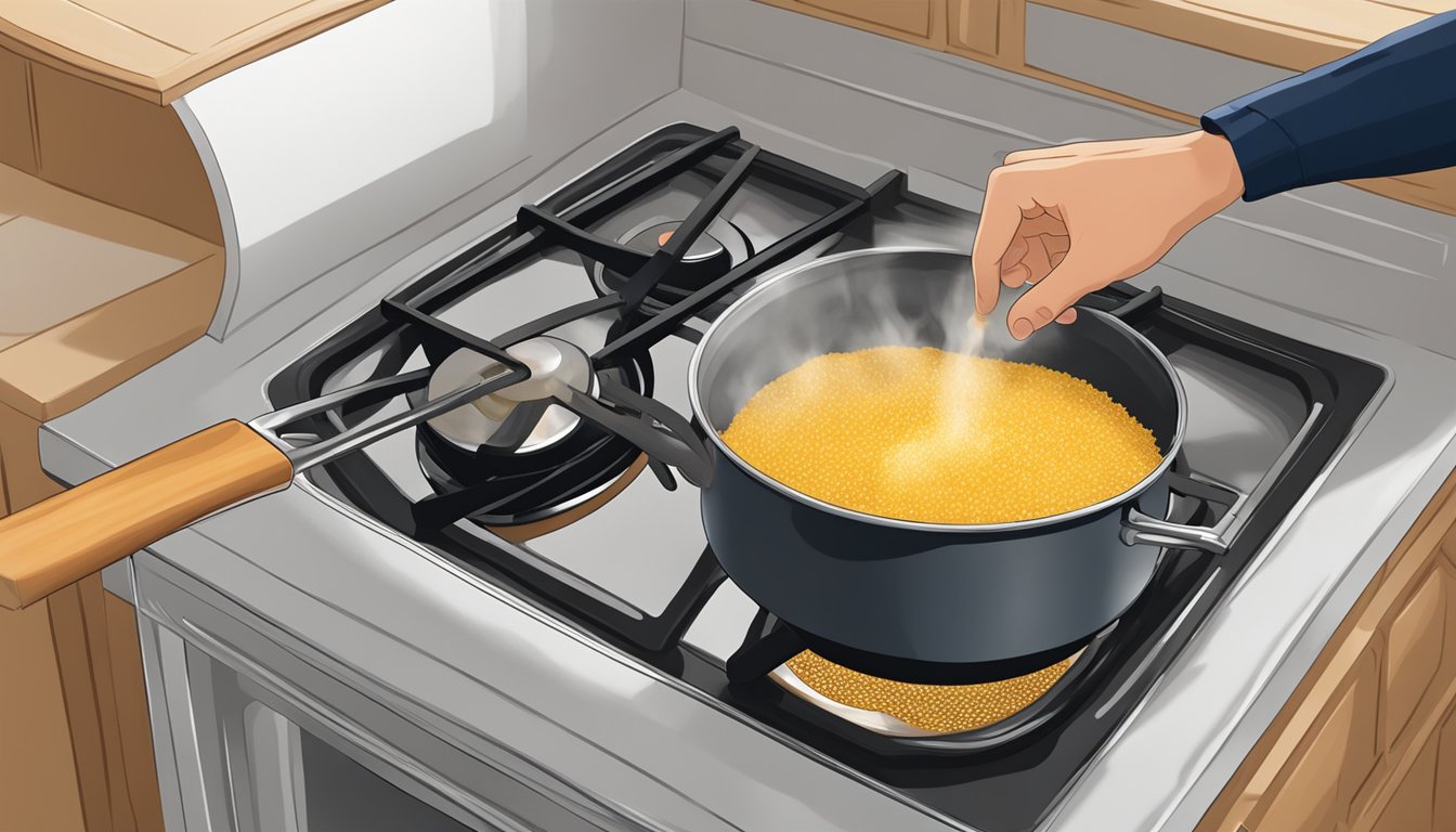 A pot of millet spilling over a stove as a hand reaches to turn off the burner