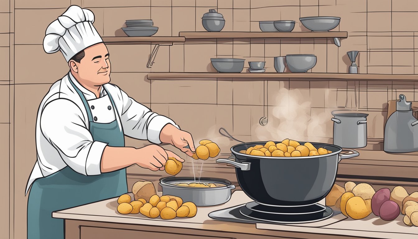 A chef adding potatoes to a pot of boiling corned beef to absorb excess salt