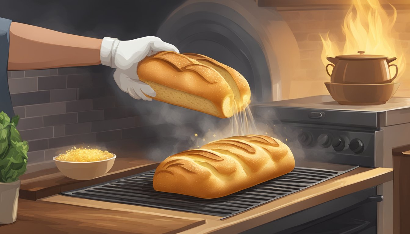 Golden garlic bread being pulled from oven, smoke rising, saved from burning