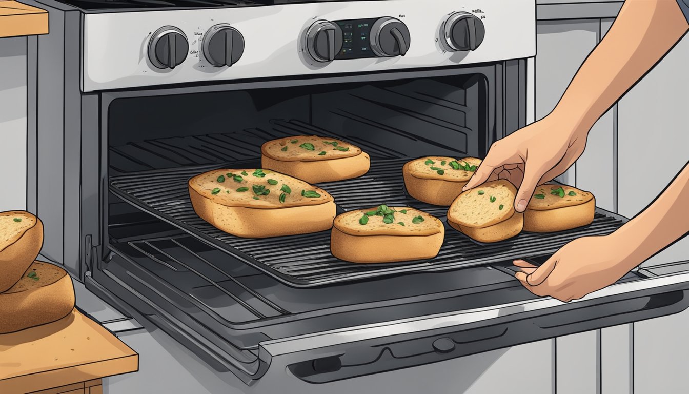 A hand reaching into the oven to remove a tray of burnt garlic bread, while a timer sits on the counter