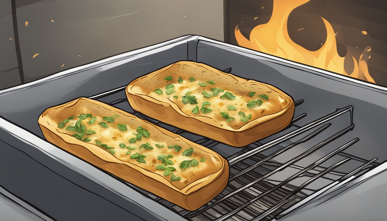 Garlic bread being reheated in the oven, with a burnt piece being discarded in the trash