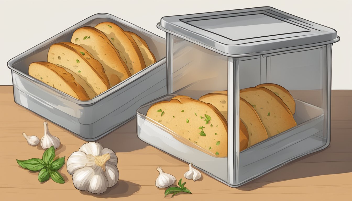 Garlic bread being placed in a airtight container, preventing further burning