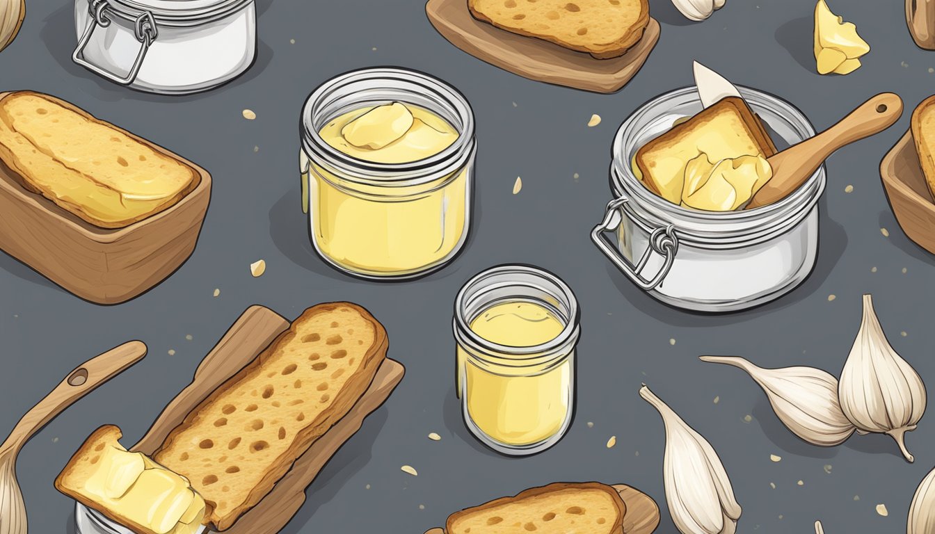 A jar of butter, a clove of garlic, and a brush, salvaging a charred slice of garlic bread