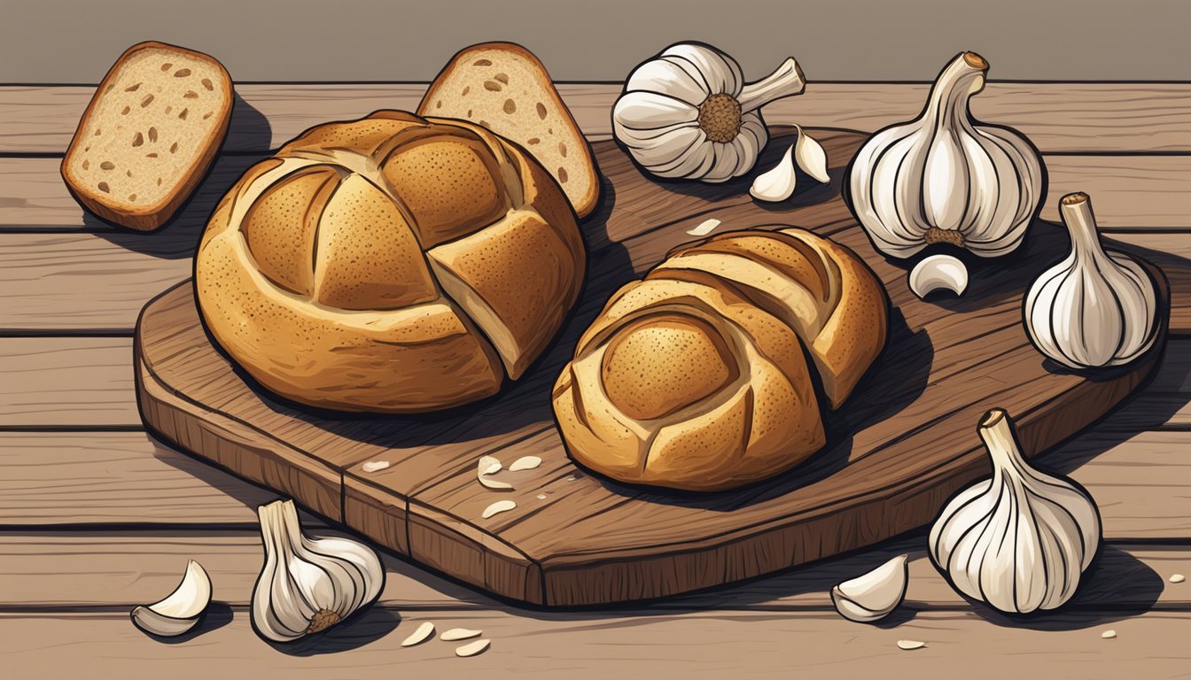 A variety of garlic breads arranged on a wooden cutting board, with one piece burnt and discarded in the background