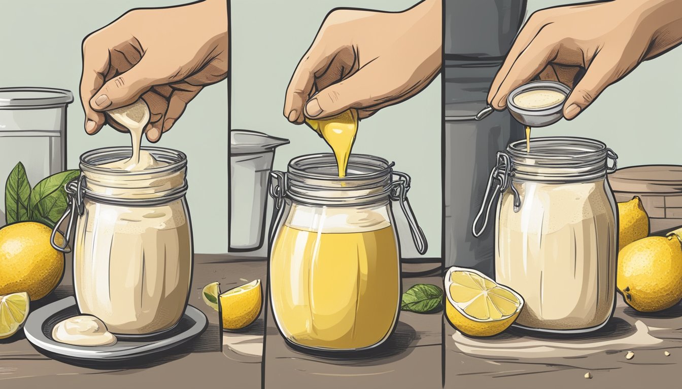 A hand reaching for a jar of tahini, a spoonful of lemon juice being poured into the sauce, and a whisk mixing the ingredients together until smooth