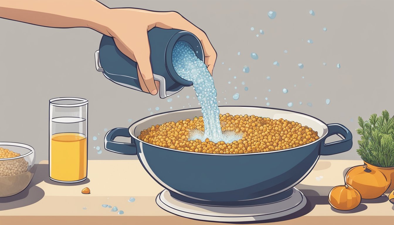 A hand pouring water into a pot of overcooked bulgur to save it from becoming mushy