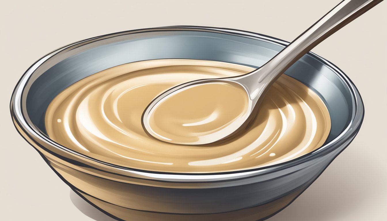 A small bowl of watery tahini sauce with a spoon stirring in a dollop of thick tahini paste