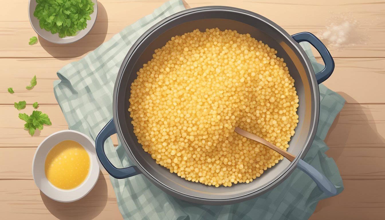 A pot of overcooked bulgur being strained and rinsed under running water