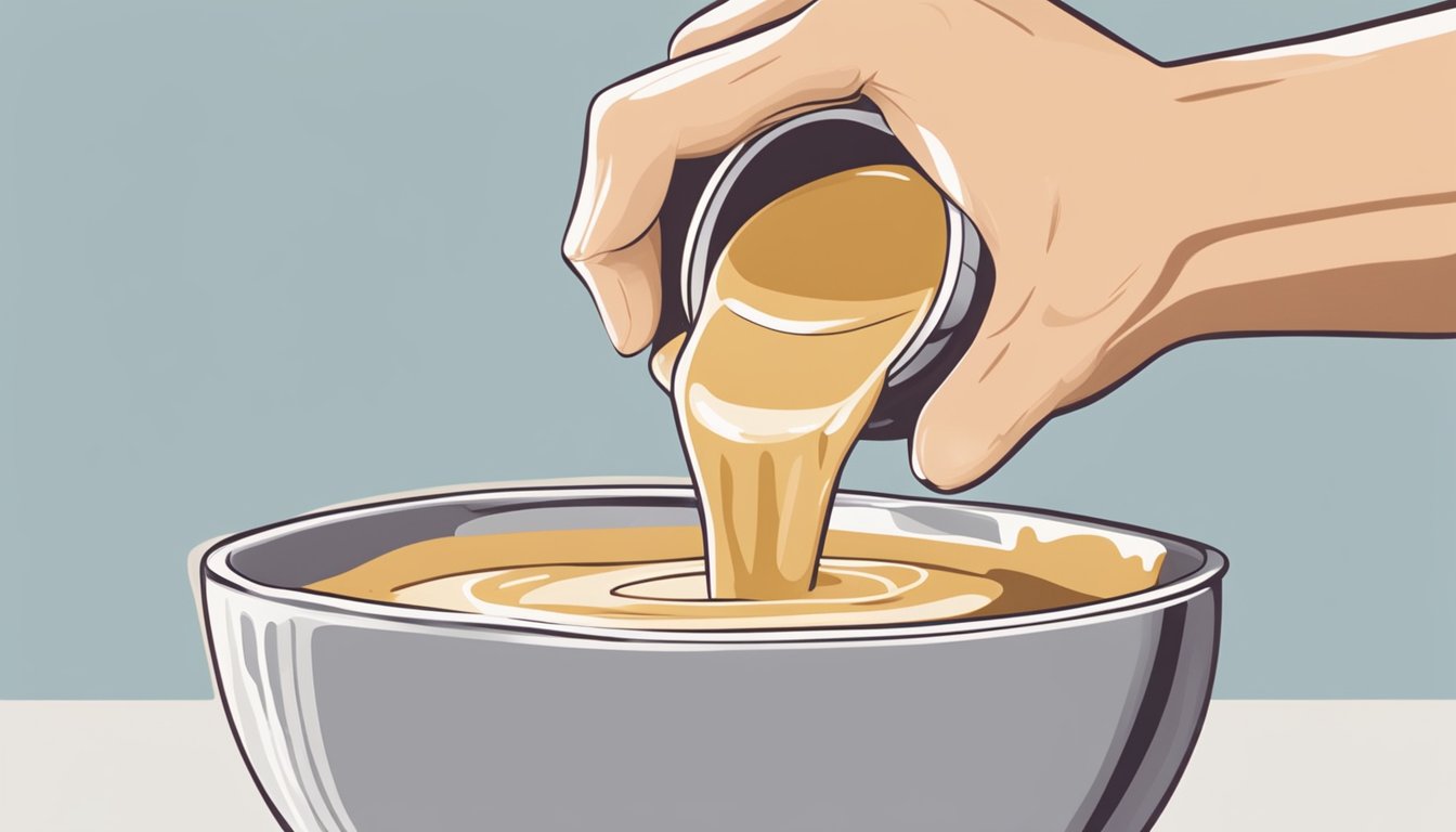 A hand pouring a small amount of thickening agent into a bowl of watery tahini sauce, with a spoon nearby for stirring