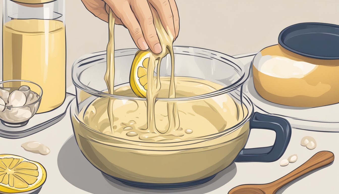 A hand mixing tahini with water, adding lemon juice and garlic, then blending into a creamy sauce