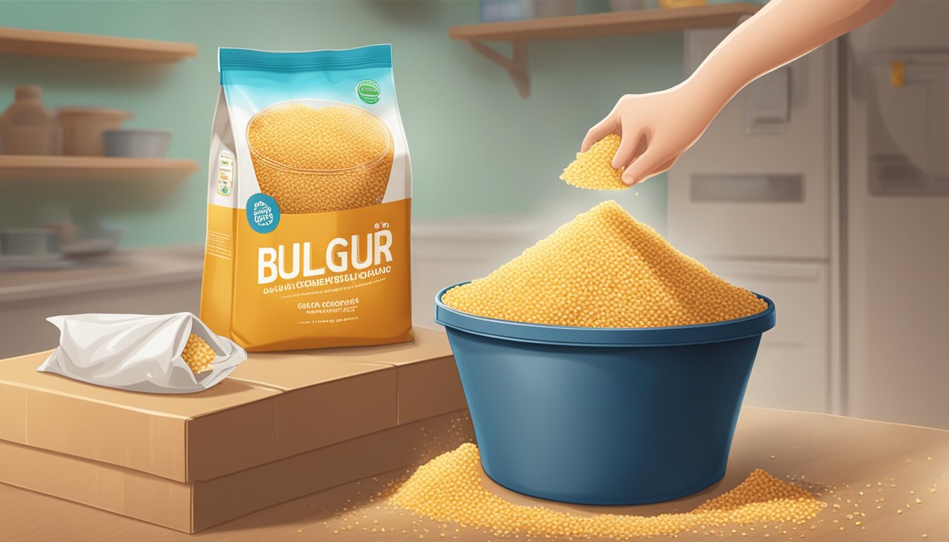 A sealed container of bulgur sits on a shelf, next to a bag of overcooked bulgur being thrown into the trash