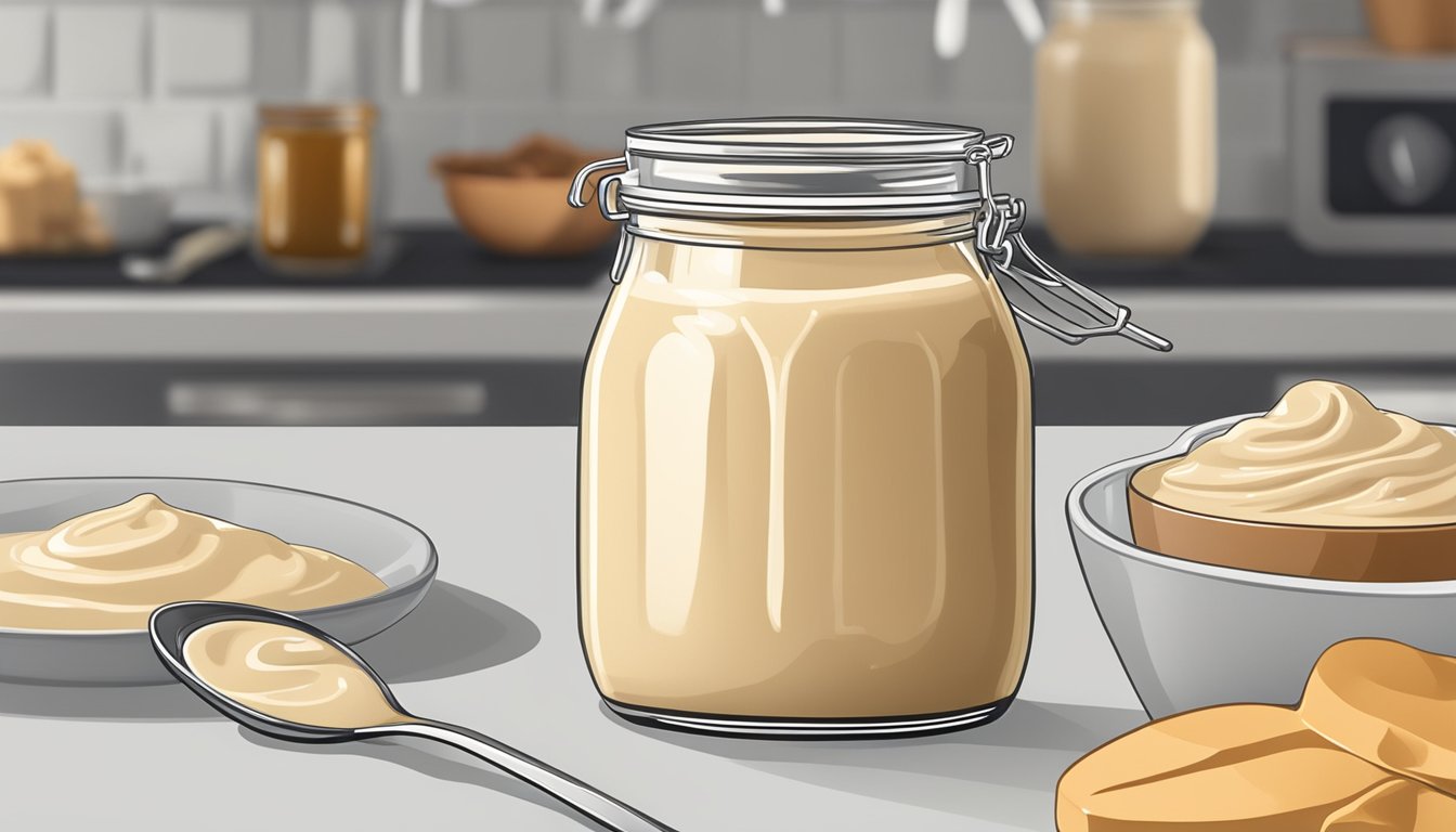 A jar of separated tahini sauce on a kitchen counter, with a spoon stirring it to achieve a smooth, creamy consistency