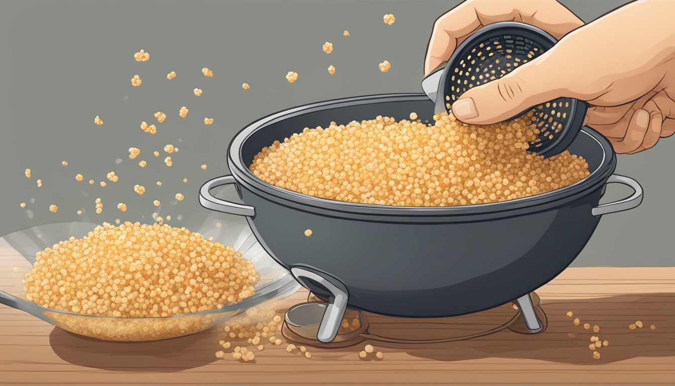 A person pouring out mushy bulgur from a pot into a strainer, trying to save it from being overcooked