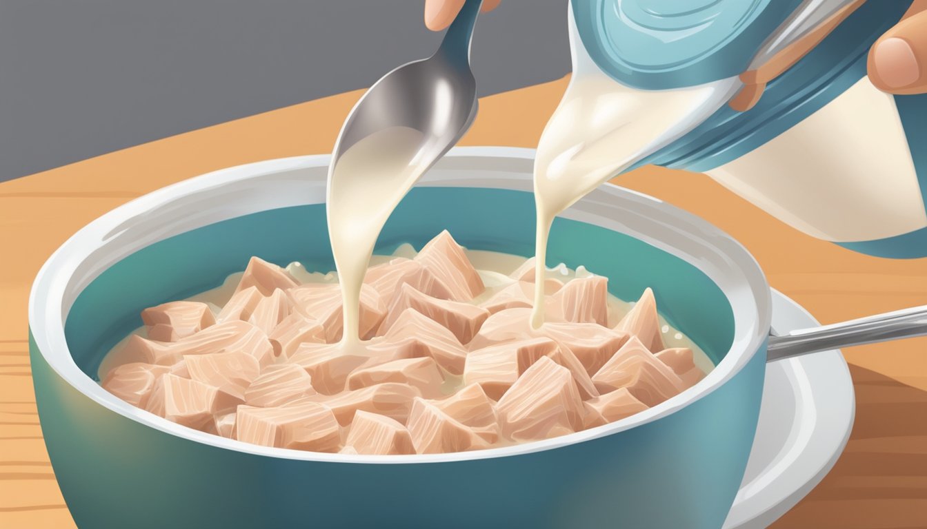 A person pouring milk into a bowl of overly salty canned tuna, stirring it with a spoon