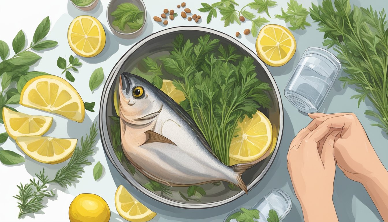 A hand reaching for a can of tuna, surrounded by fresh herbs, lemon, and spices. A bowl of water nearby to rinse the tuna