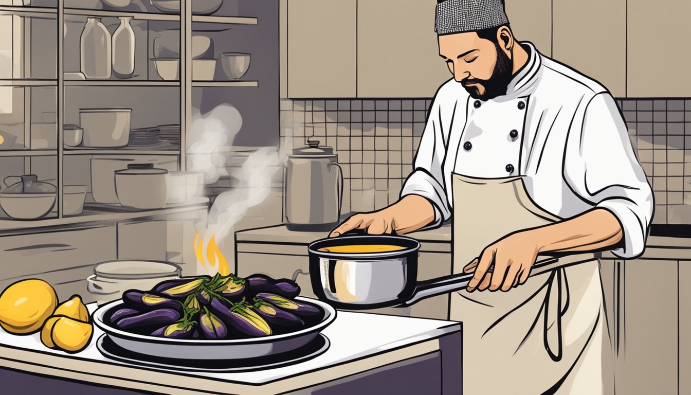 A chef carefully roasts eggplants over an open flame, scooping out the flesh and draining excess liquid before blending in tahini, garlic, and lemon juice