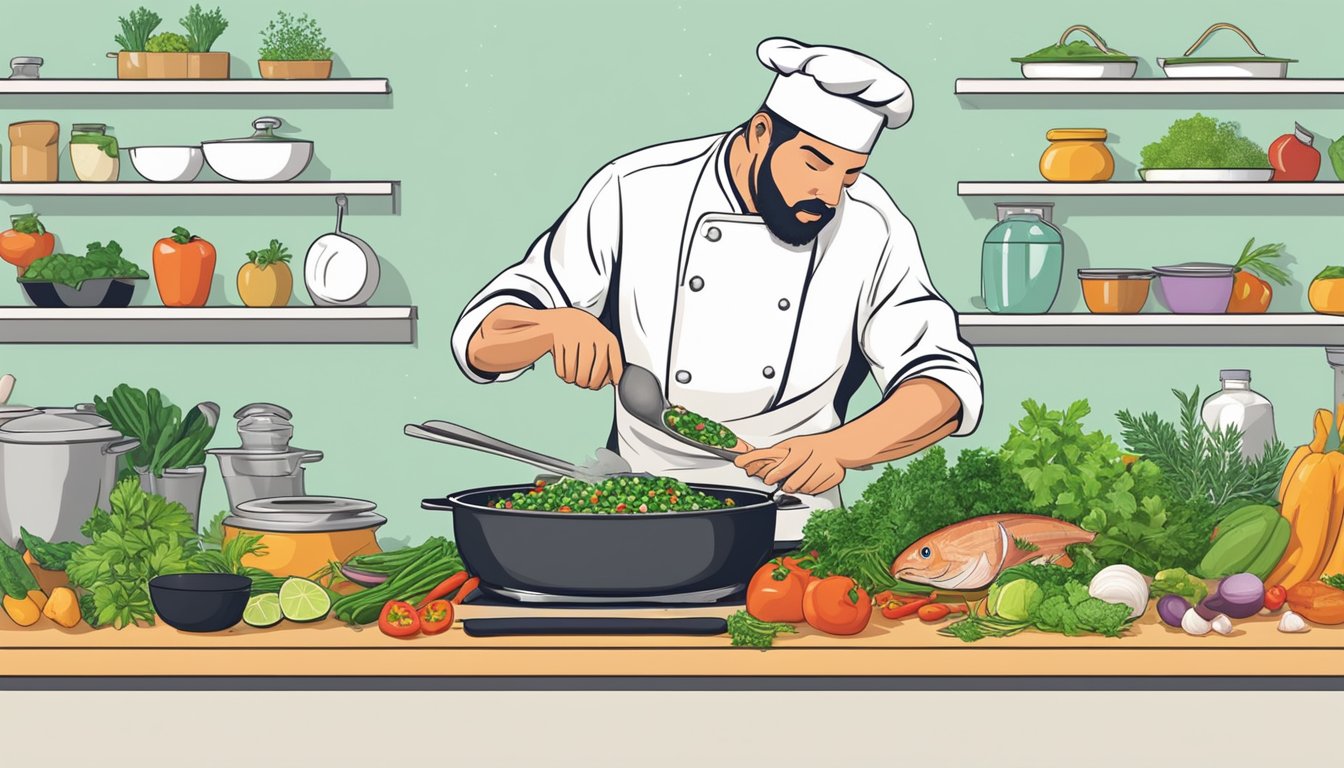 A chef adding fresh herbs and vegetables to a skillet of sizzling canned tuna, balancing the saltiness with colorful, aromatic ingredients