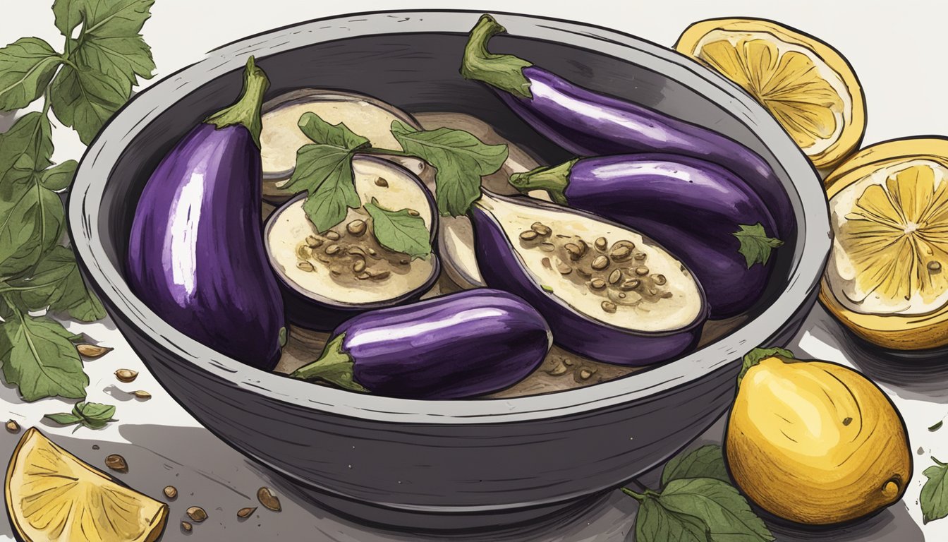 Eggplant being roasted over an open flame, garlic being crushed, and lemon juice being squeezed into a bowl of baba ganoush