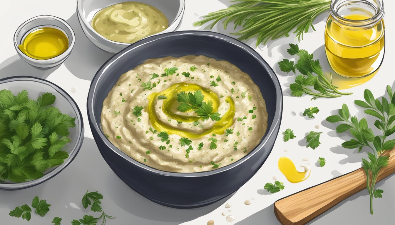 A bowl of baba ganoush with a watery texture being fixed with a drizzle of olive oil and a sprinkle of chopped herbs