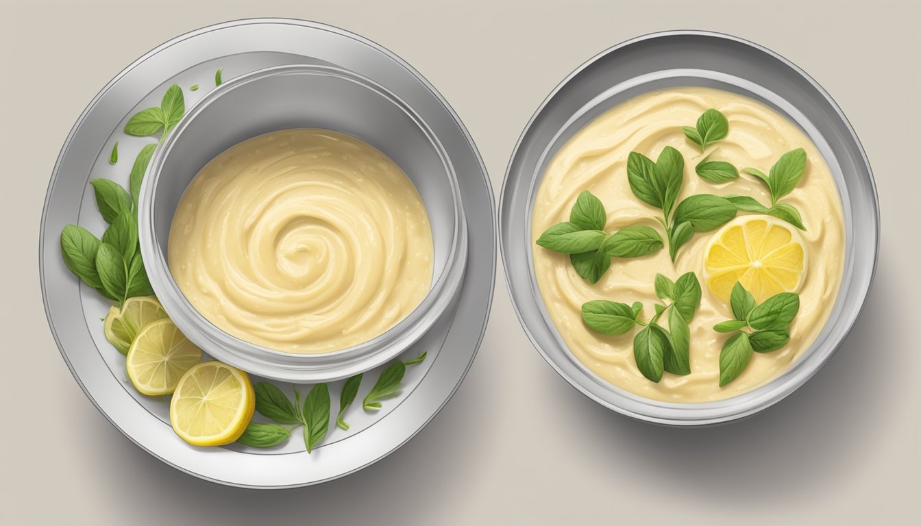 A bowl of watery baba ganoush being thickened with tahini and lemon juice, then transferred to a sealed container for storage in the refrigerator