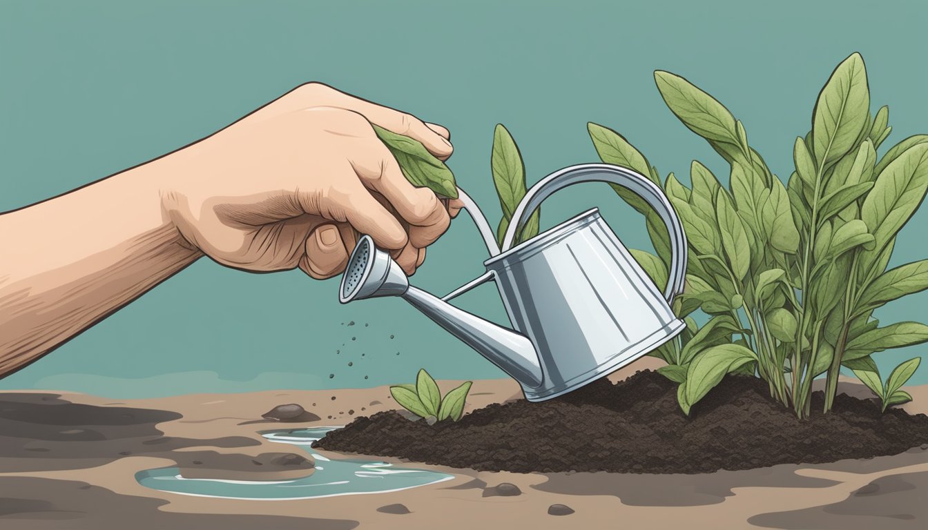 A hand holding a limp sage plant, gently placing it in fresh soil, then watering it with a gentle stream from a watering can