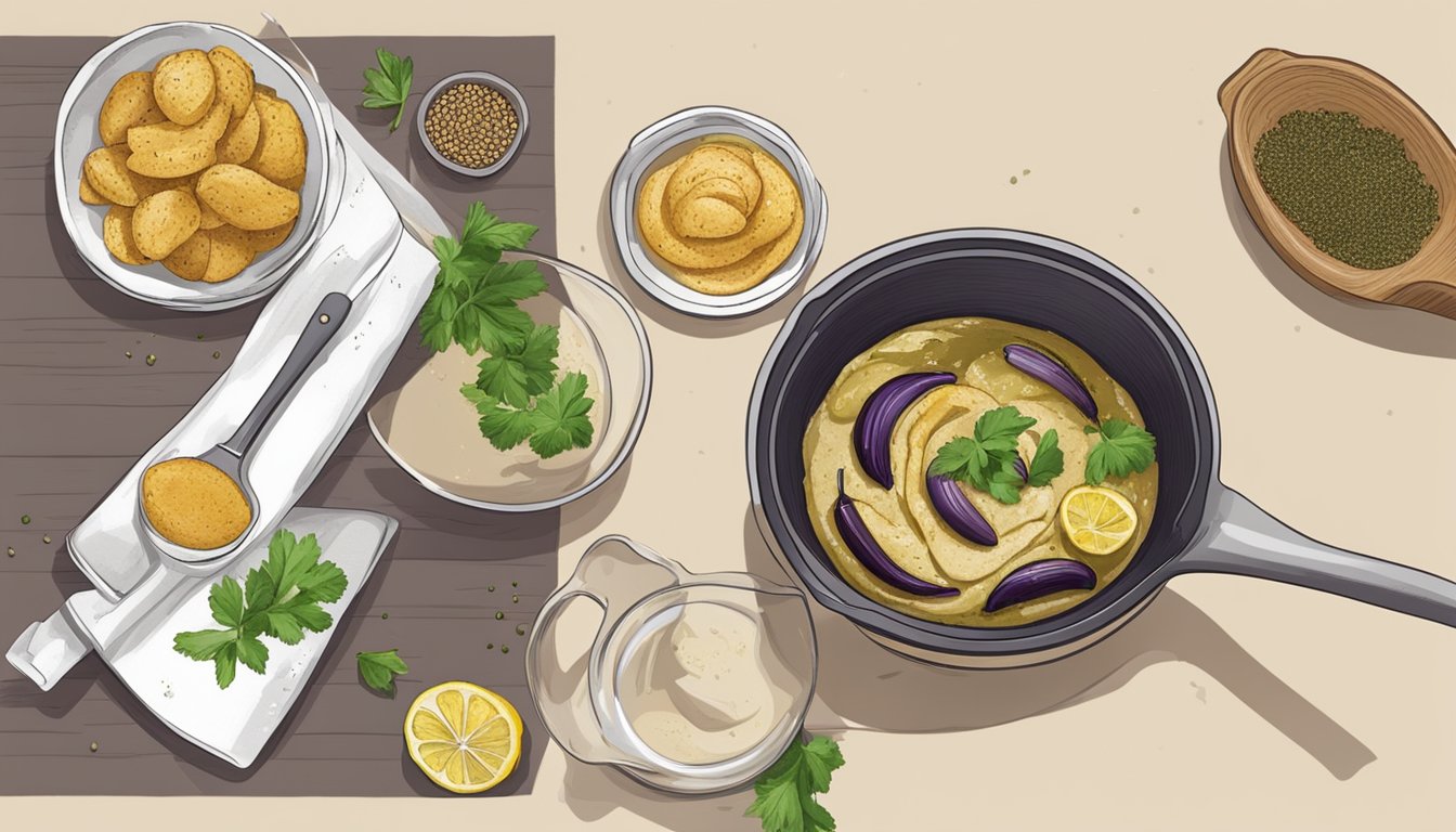 A chef adding roasted eggplant to thicken watery baba ganoush, while adjusting seasonings and lemon juice