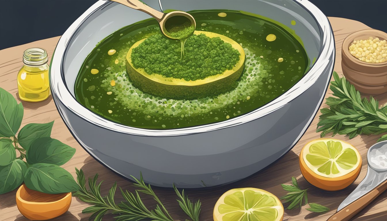 A hand pouring olive oil into a bowl of watery chimichurri, with herbs and spices scattered around