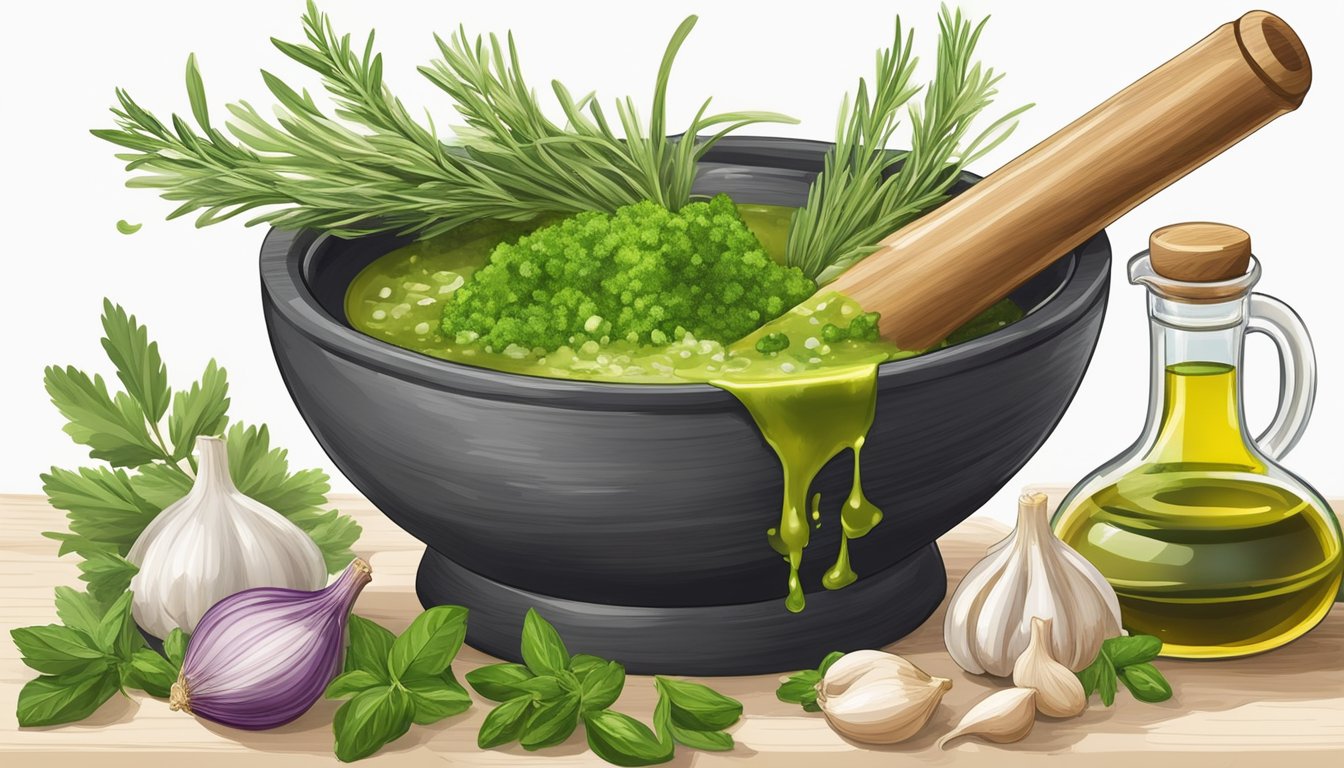 A mortar and pestle crushing fresh herbs and garlic, while a stream of olive oil is slowly added to thicken the watery chimichurri sauce