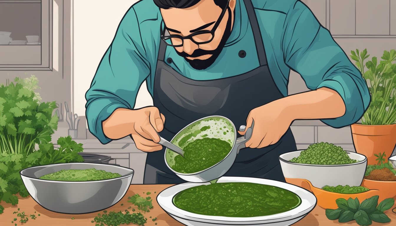 A chef stirring thickening agent into a runny chimichurri sauce in a small bowl, surrounded by fresh herbs and spices