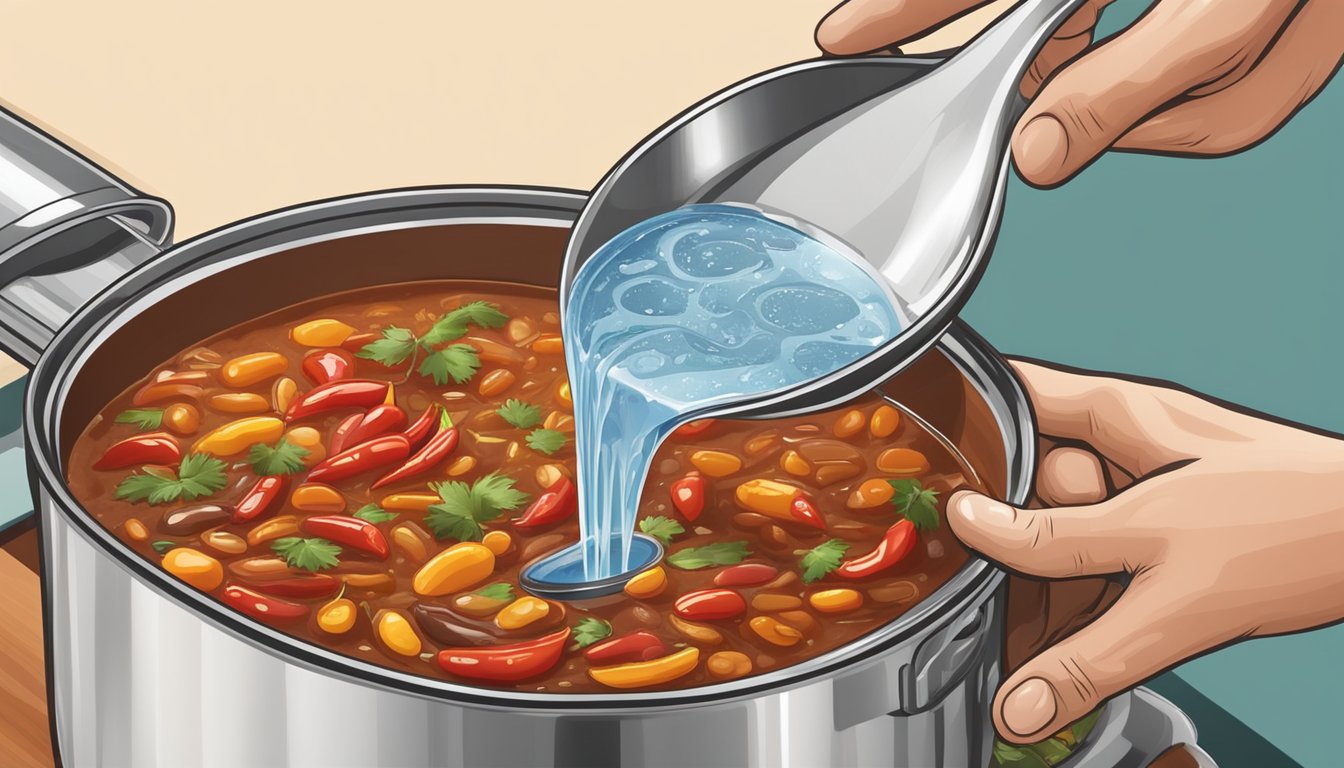 A hand pouring a measured amount of water into a pot of overly salty canned chili, while a spoon stirs the mixture